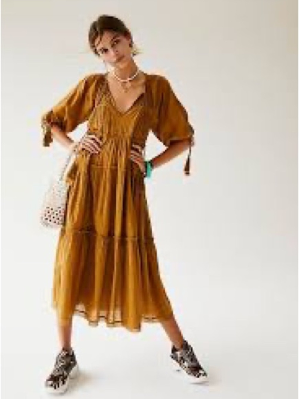 Free People Olive and Brown Tiered Midi Dress